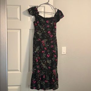 Black floral off the shoulder midi length dress